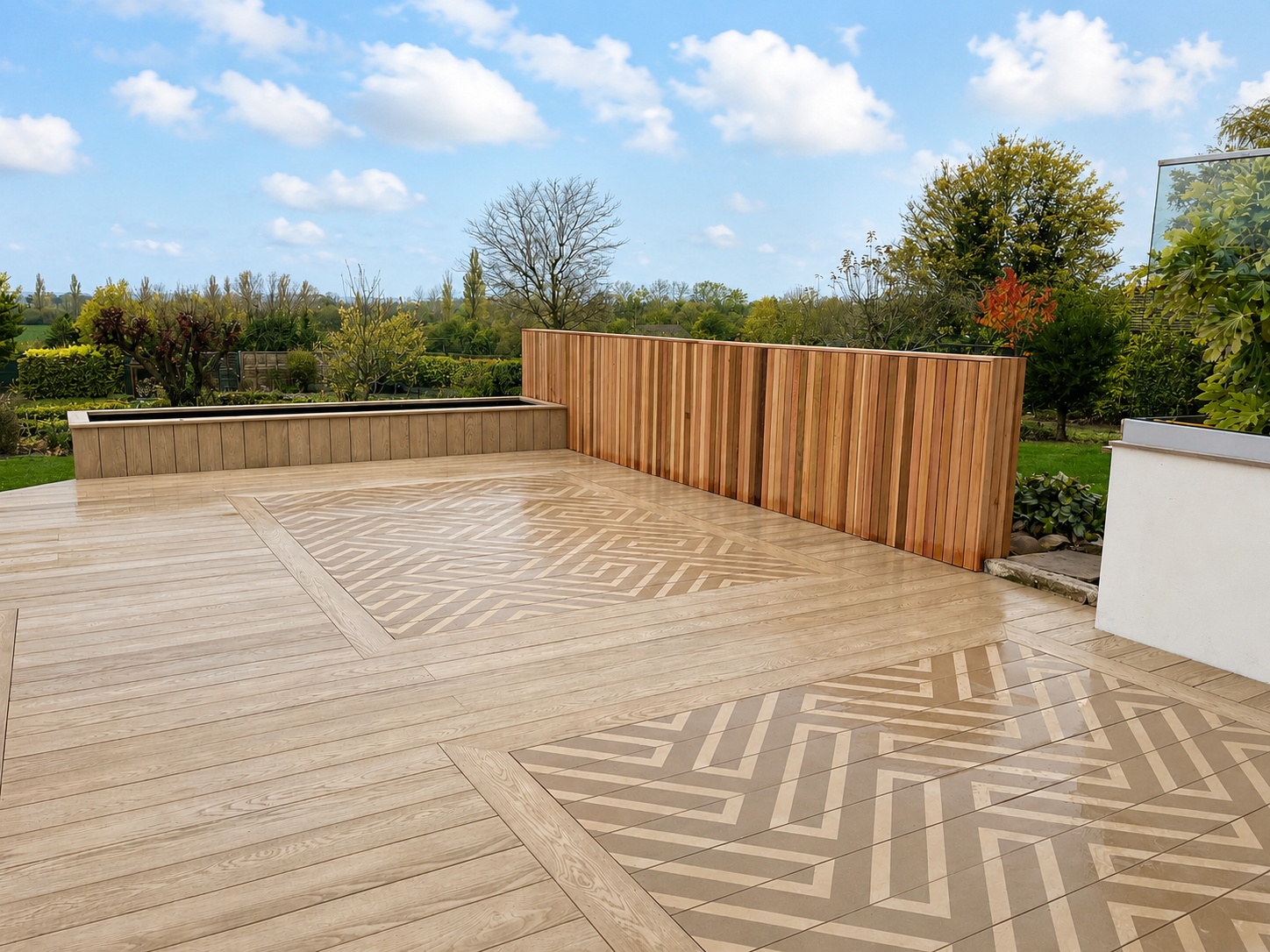 Paved garden patio with surrounding planting