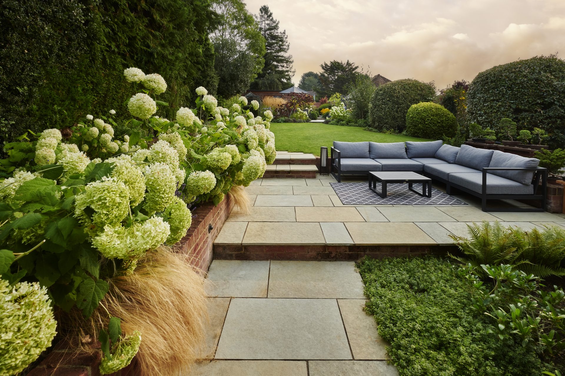 Paved patio and garden seating area
