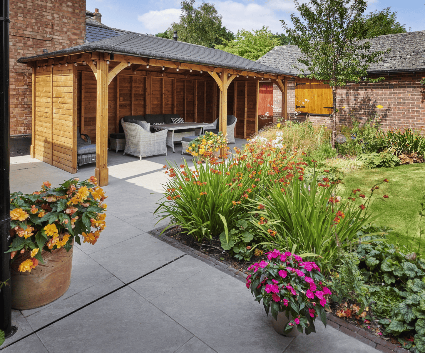 Porcelain paving tiles in an outdoor garden setting