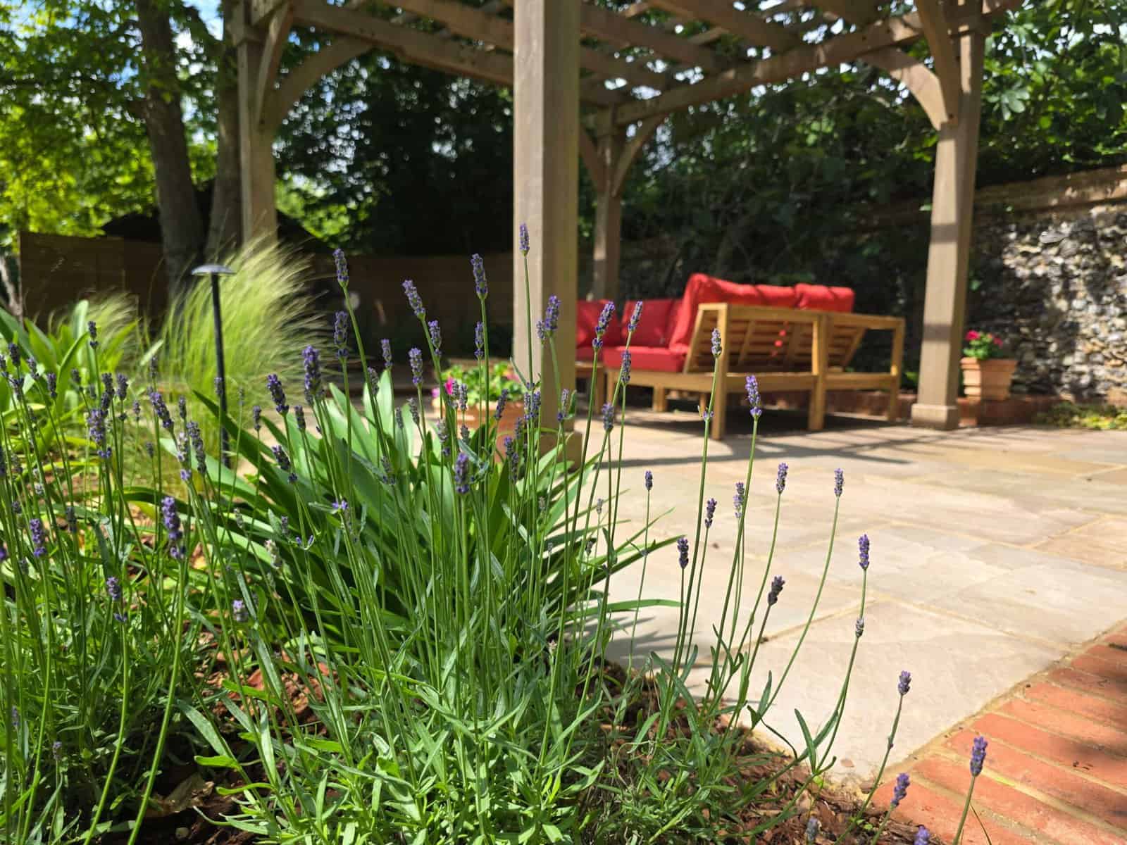 Newly laid patio in a landscaped Hertfordshire garden